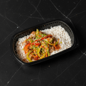 Firecracker chicken stir fry served with basmati rice.