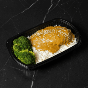 Katsu chicken curry served on basmati rice with a side of broccoli.