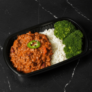 Lean chilli con carne served on basmati rice with a side of seasoned broccoli florets.
