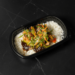 Teriyaki chicken stir fry served on basmati rice.