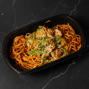Teriyaki chicken stir fry served with Chinese egg noodles.