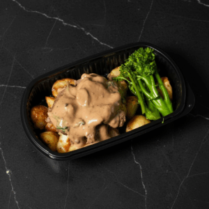 Steak & roast potatoes with peppercorn sauce.