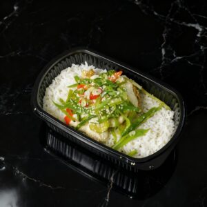 Thai green chicken curry served with basmati rice.